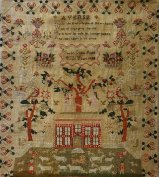 EARLY 19TH CENTURY RED HOUSE & ADAM & EVE SAMPLER BY SARAH SYKES AGED 10 - 1828 11
