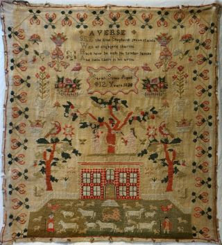 Early 19th Century Red House & Adam & Eve Sampler By Sarah Sykes Aged 10 - 1828