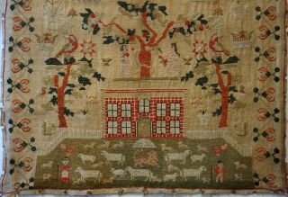 EARLY 19TH CENTURY RED HOUSE & ADAM & EVE SAMPLER BY SARAH SYKES AGED 10 - 1828 3