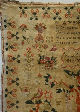 EARLY 19TH CENTURY RED HOUSE & ADAM & EVE SAMPLER BY SARAH SYKES AGED 10 - 1828 4