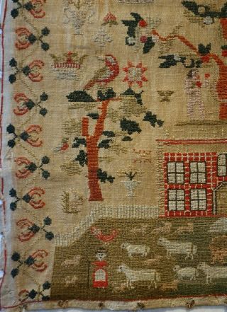 EARLY 19TH CENTURY RED HOUSE & ADAM & EVE SAMPLER BY SARAH SYKES AGED 10 - 1828 6