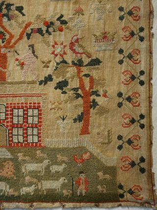 EARLY 19TH CENTURY RED HOUSE & ADAM & EVE SAMPLER BY SARAH SYKES AGED 10 - 1828 7