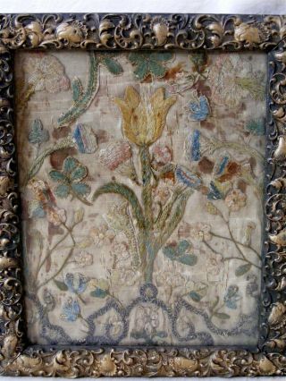 Antique 18th Century Silk Embroidery Needlework Panel