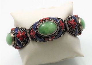 Antique Chinese Export Zu Yin Enamel Green Jade Jadeite Silver Link Bracelet Sig