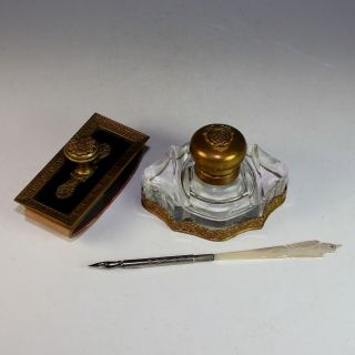 Antique French Napoleon Iii Desk Set Inkwell Blotter Pen