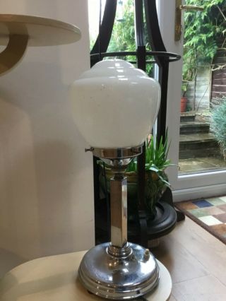 Art Deco Chrome Table Lamp & White Glass Shade