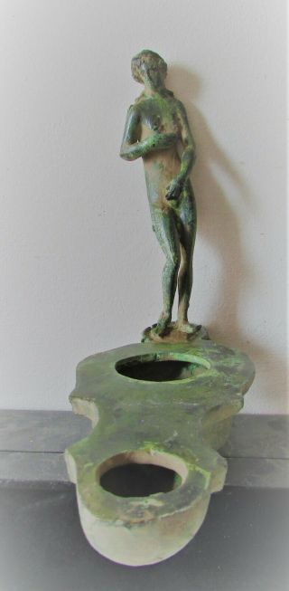 Extremely Rare Ancient Roman Bronze Oil Lamp With Statuette Of Diana On Top