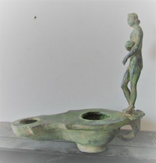 EXTREMELY RARE ANCIENT ROMAN BRONZE OIL LAMP WITH STATUETTE OF DIANA ON TOP 2