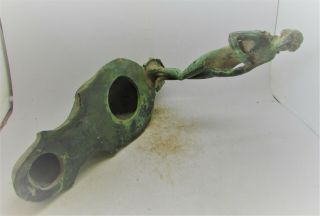EXTREMELY RARE ANCIENT ROMAN BRONZE OIL LAMP WITH STATUETTE OF DIANA ON TOP 3