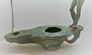 EXTREMELY RARE ANCIENT ROMAN BRONZE OIL LAMP WITH STATUETTE OF DIANA ON TOP 4