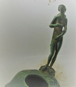 EXTREMELY RARE ANCIENT ROMAN BRONZE OIL LAMP WITH STATUETTE OF DIANA ON TOP 5