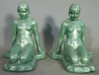(2) Antique Art Deco Era Frankart Green Nude Lady Sculpture Old Statue Bookends