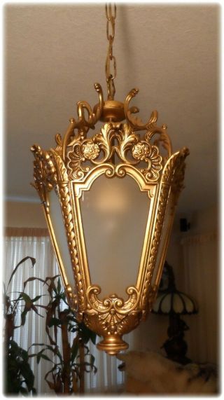 Antique Vintage Italian Gilded Bronze Lantern Chandelier Hanging Lamp