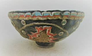 Ancient Phoenician Glass Mosiac Bowl With Gold Gilded Plate Attachments