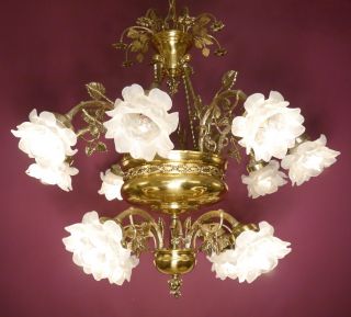 Art Nouveau Shiny Brass Chandelier Satined Glass Lamp Old Antique 12 Light