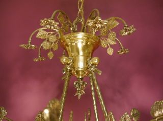 ART NOUVEAU SHINY BRASS CHANDELIER SATINED GLASS LAMP OLD ANTIQUE 12 Light 3