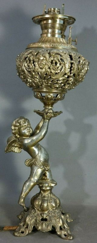 Lg 19thc Antique Victorian Winged Putti Statue Figural Lady Bust Banquet Lamp