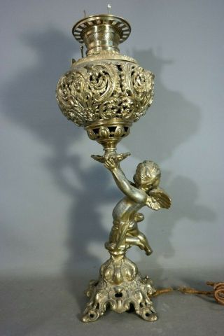 LG 19thC Antique VICTORIAN WINGED PUTTI STATUE Figural LADY BUST BANQUET LAMP 5