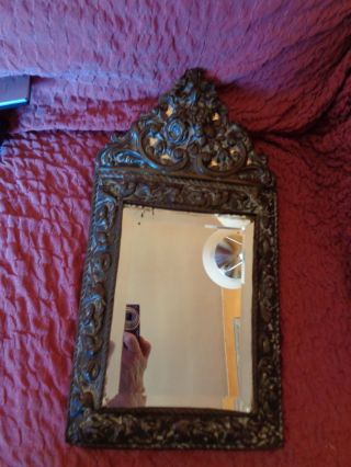 Art Nouveau Brass Framed Bevelled Wall Mirror With Raised Foilage & Scroll Relie