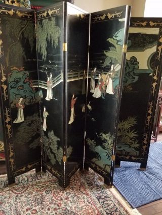 Mythical Chinese 6 Panel Carved Coromandel Screen 6 Feet By 8 Feet