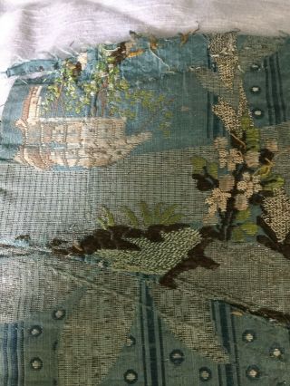 Early 18 Th Century Silk Brocade Fragment With Woven Sailing Ship.  Rare 2