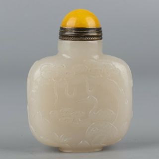 Chinese Exquisite Hand - Carved Crane People Carving Hetian Jade Snuff Bottle