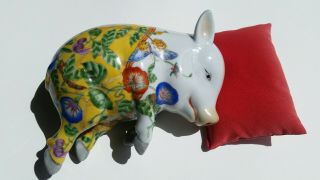 Vintage Hand - Painted Porcelain Sleeping Pig Lucky Pig Figurine