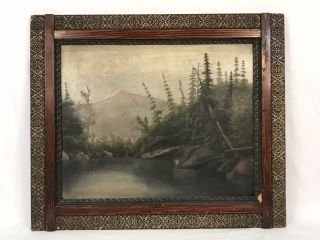 Antique Late 19th C Oil On Board Lake Mountain Scene Framed 16 X 20 Opening