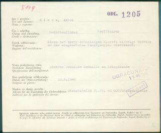 German Wwii 1943 Elite Croatia Ndh Zvonimir Medal Document