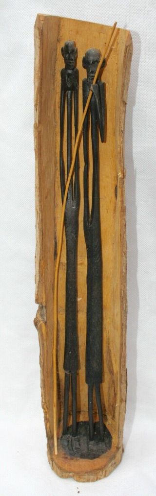 African Tribal Art Besmo Kenya 2 Hand Carved Wood Figures In Wood Surround