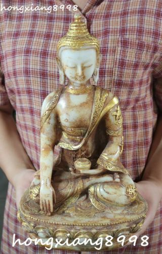 13 " Tibetan Old Jade Gilt Shakyamuni Sakyamuni Amitabha Buddha 8 Symbol Statue