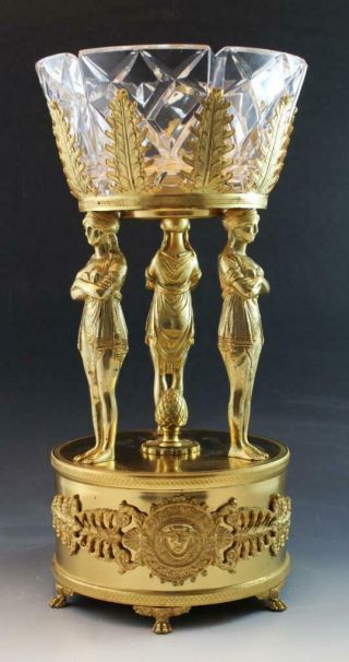 Vintage French Empire Style Gilt Bronze Patina Cut Crystal Figural Center Bowl