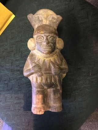 Ancient Mayan Or Aztec Large Warrior Pottery Vase Bottle
