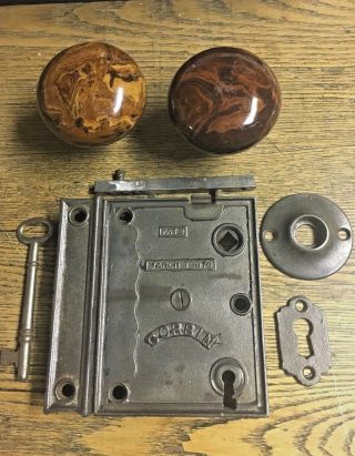 Large Antique Corbin Cast Iron Rim Lock,  Pat 1870,  Mineral Doorknobs,  Complete