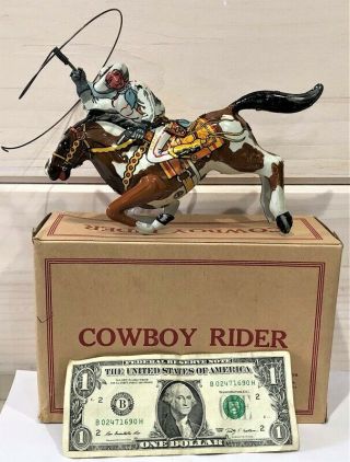 VINTAGE MARX TIN LITHO COWBOY RIDER W/ LASSO ON REARING HORSE WIND UP TOY W BOX 10