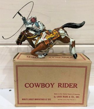 Vintage Marx Tin Litho Cowboy Rider W/ Lasso On Rearing Horse Wind Up Toy W Box