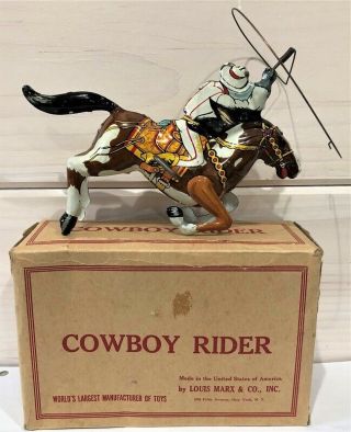 VINTAGE MARX TIN LITHO COWBOY RIDER W/ LASSO ON REARING HORSE WIND UP TOY W BOX 2