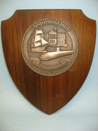 Uss Hartford (ssn 768) Brass Plaque On Walnut Shield,  No Engraved Nameplate