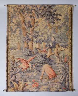 Antique C1900 French Verdure Tapestry Of Pink Wading Birds In Landscape