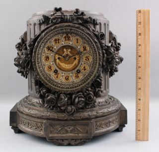 19thc Antique Victorian Ansonia Spelter Mantle Clock W/ Figural Open Escapement