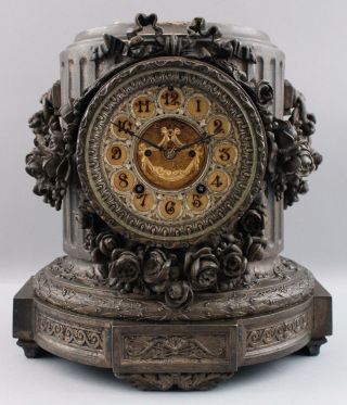 19thC Antique Victorian ANSONIA Spelter Mantle Clock w/ Figural Open Escapement 2
