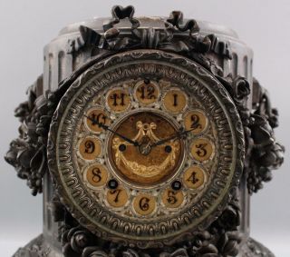 19thC Antique Victorian ANSONIA Spelter Mantle Clock w/ Figural Open Escapement 3