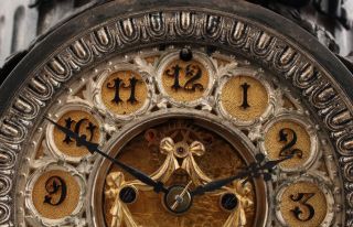 19thC Antique Victorian ANSONIA Spelter Mantle Clock w/ Figural Open Escapement 5