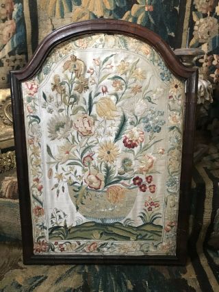C1700 Silk Embroidered Panel Delft Bown Flowers Rare Antique Needlework