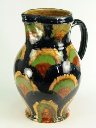 Antique 19th C Pitcher Ewer Jug Black Glazed Earthenware Pottery Palette Decor