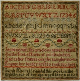 Small Mid 19th Century Verse & Alphabet Sampler By Sarah Eborall Aged 8 - 1843