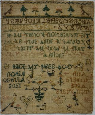 SMALL EARLY 19TH CENTURY EDUCATION & MOTIF SAMPLER BY ANN HOWARD AGED 10 - 1802 12