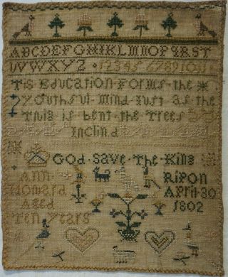Small Early 19th Century Education & Motif Sampler By Ann Howard Aged 10 - 1802