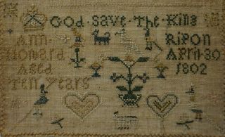 SMALL EARLY 19TH CENTURY EDUCATION & MOTIF SAMPLER BY ANN HOWARD AGED 10 - 1802 8
