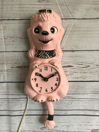 Vintage 1960 ' s Pink French Poodle Kit Kat Jeweled Wall Clock Eyes Move Tail Wags 2